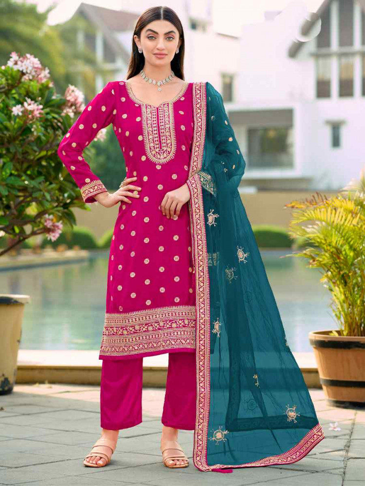 Image of Pink Pure Viscose Jacquard Silk Embroidery Party Wedding Festival Casual Ready Pant Salwar Kameez