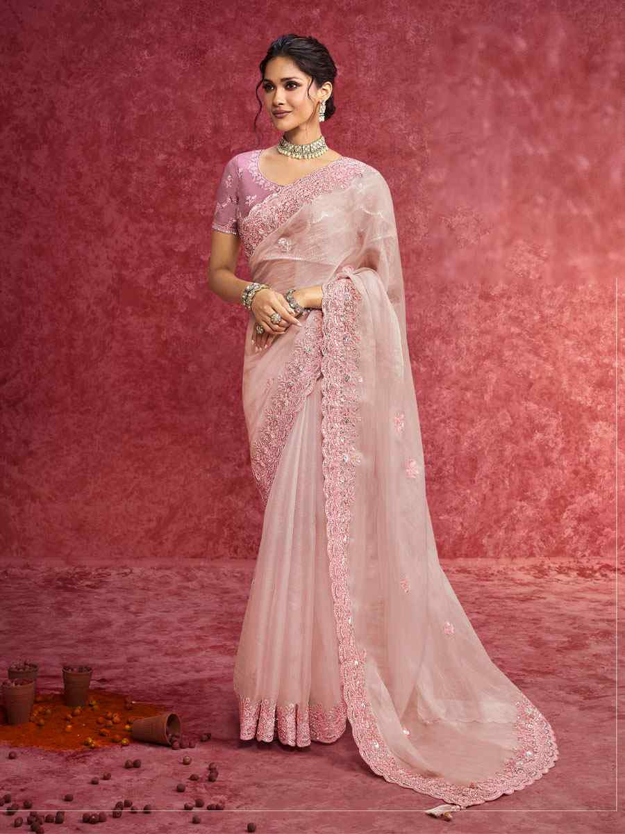Pink Pure Weave Embroidery Bridal Reception Festival Wedding Fancy Heavy Border Saree