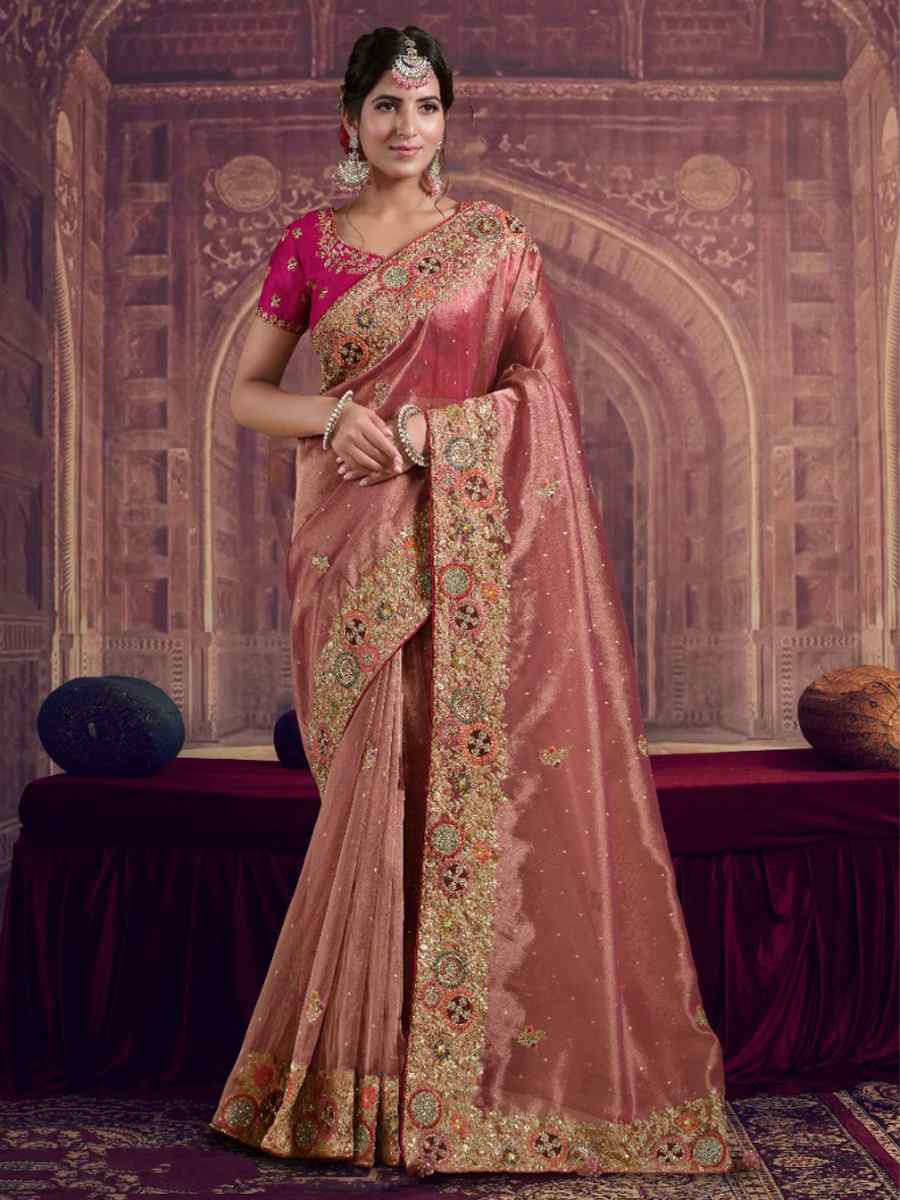 Pink Pure Zari Organza Silk Embroidery Bridal Reception Festival Wedding Fancy Heavy Border Saree