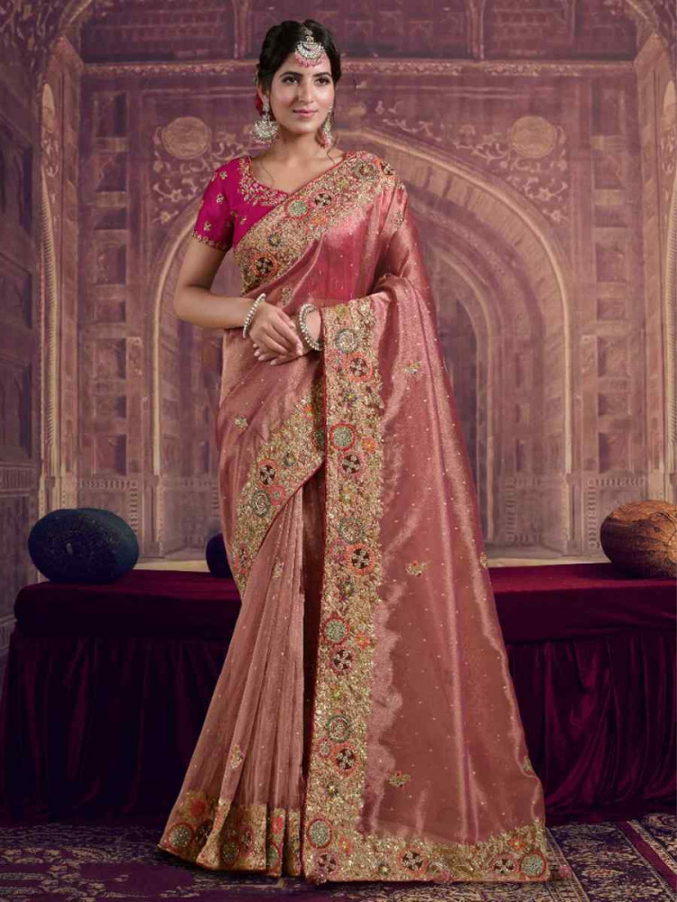 Image of Pink Pure Zari Organza Silk Embroidery Bridal Reception Festival Wedding Fancy Heavy Border Saree