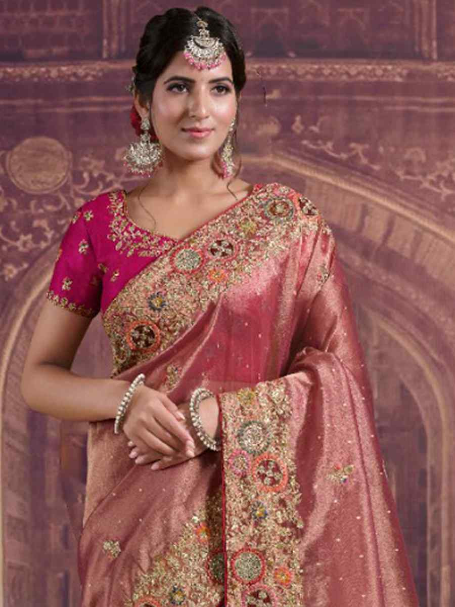 Pink Pure Zari Organza Silk Embroidery Bridal Reception Festival Wedding Fancy Heavy Border Saree