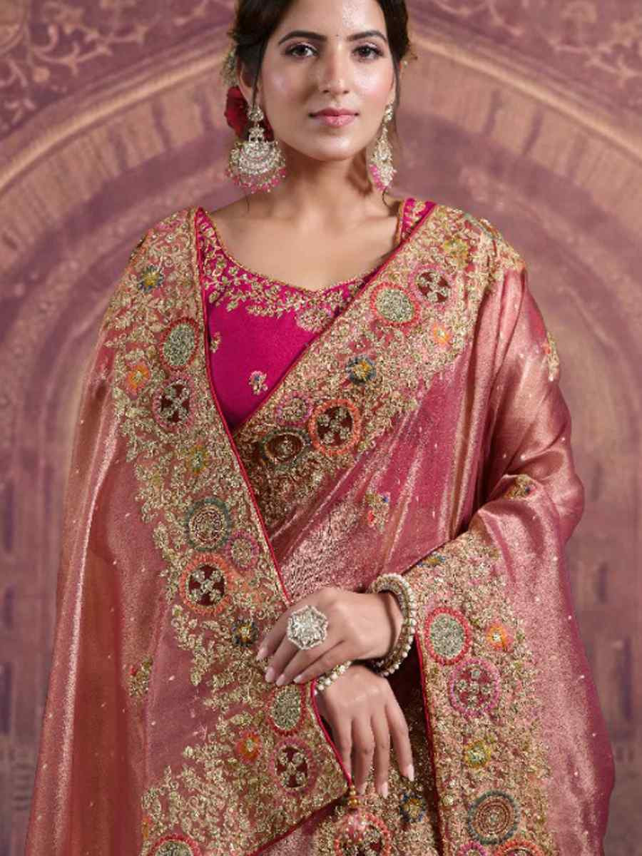 Pink Pure Zari Organza Silk Embroidery Bridal Reception Festival Wedding Fancy Heavy Border Saree