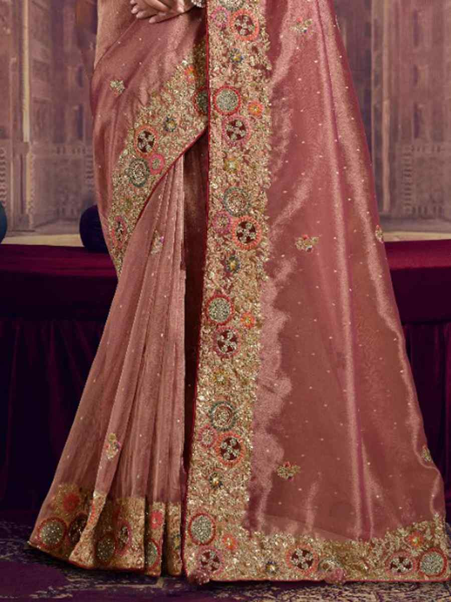 Pink Pure Zari Organza Silk Embroidery Bridal Reception Festival Wedding Fancy Heavy Border Saree