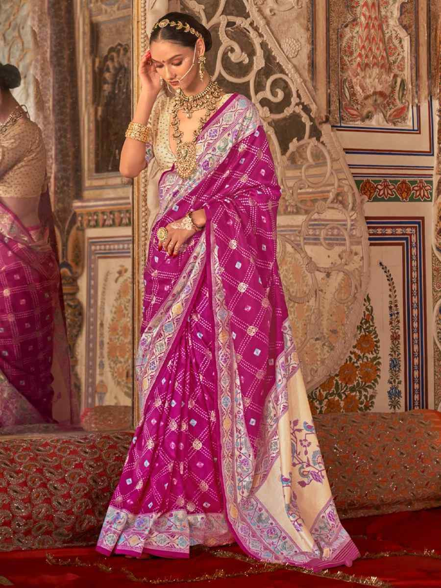 Pink Purple Silk Handwoven Festival Wedding Fancy Heavy Border Saree