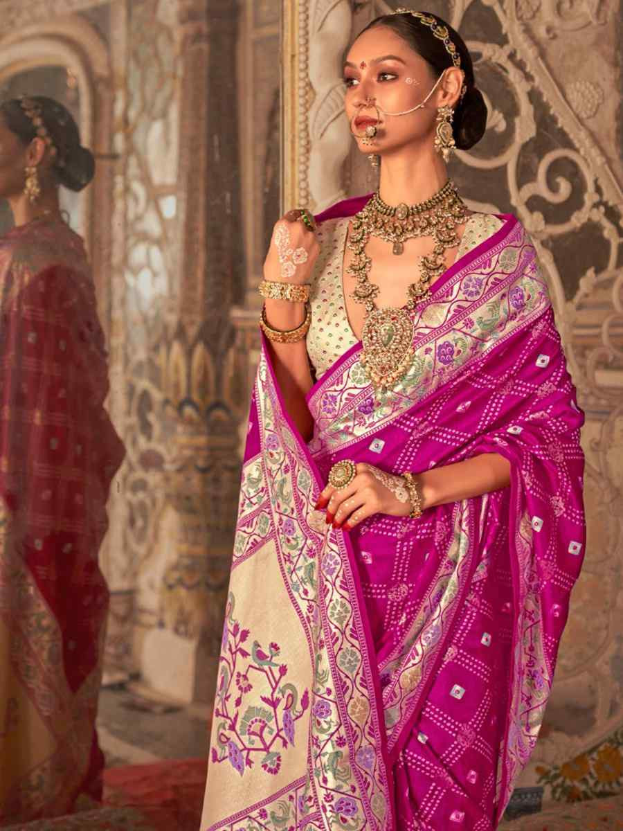 Pink Purple Silk Handwoven Festival Wedding Fancy Heavy Border Saree