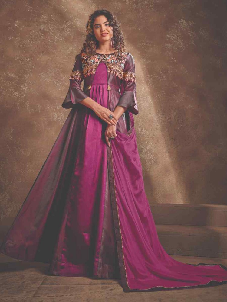 Pink Purple Triva Silk Embroidered Festival Party Gown