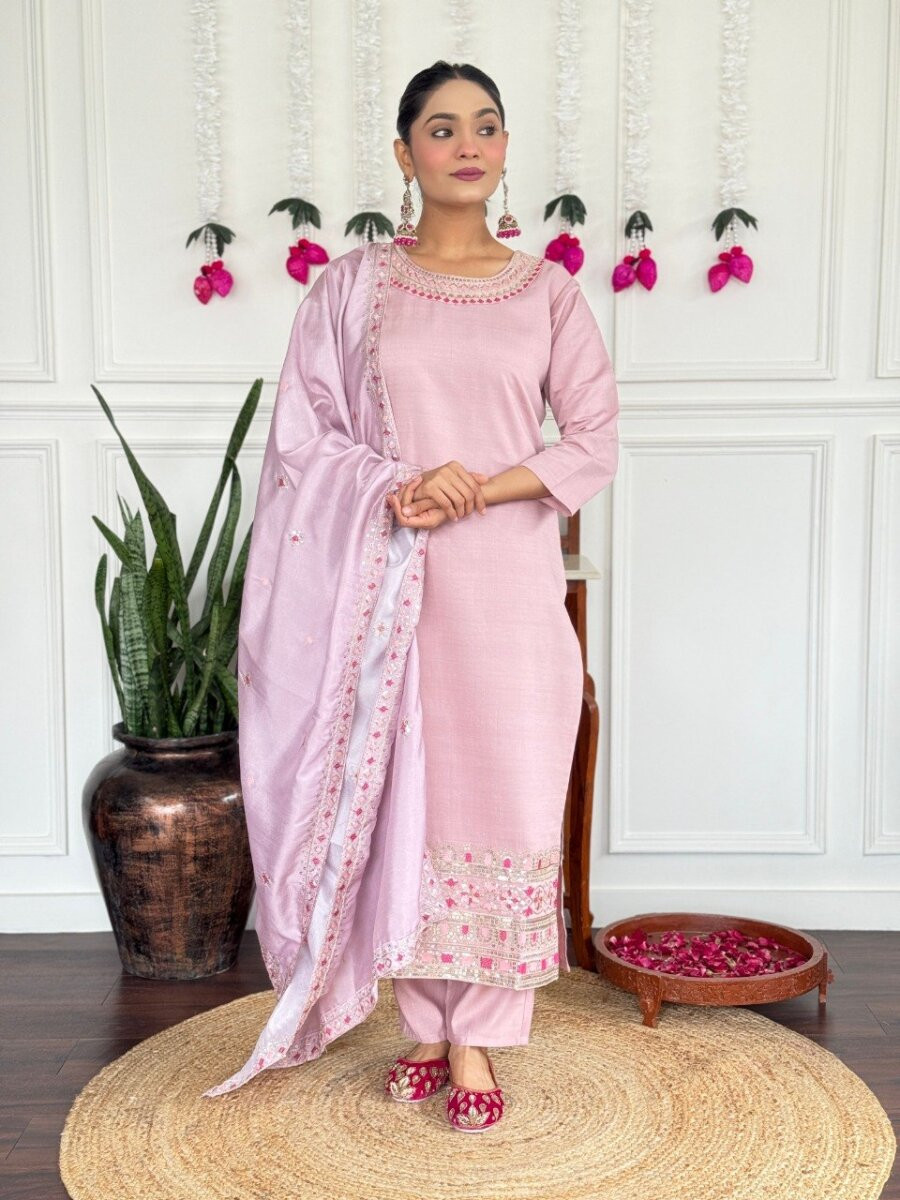 Pink PV Chanderi Embroidery Wedding Party Festival Casual Reday Palazzo Pant Salwar Kameez