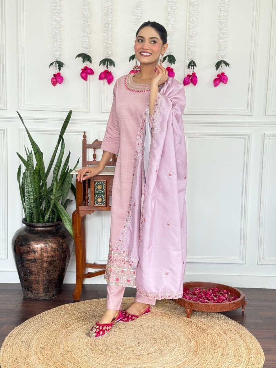 Pink PV Chanderi Embroidery Wedding Party Festival Casual Reday Palazzo Pant Salwar Kameez