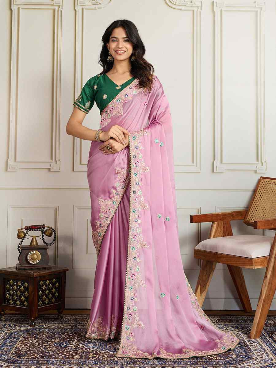 Pink Rangoli Silk Embroidery Traditional Bridal Reception Festival Wedding Fancy Heavy Border Saree