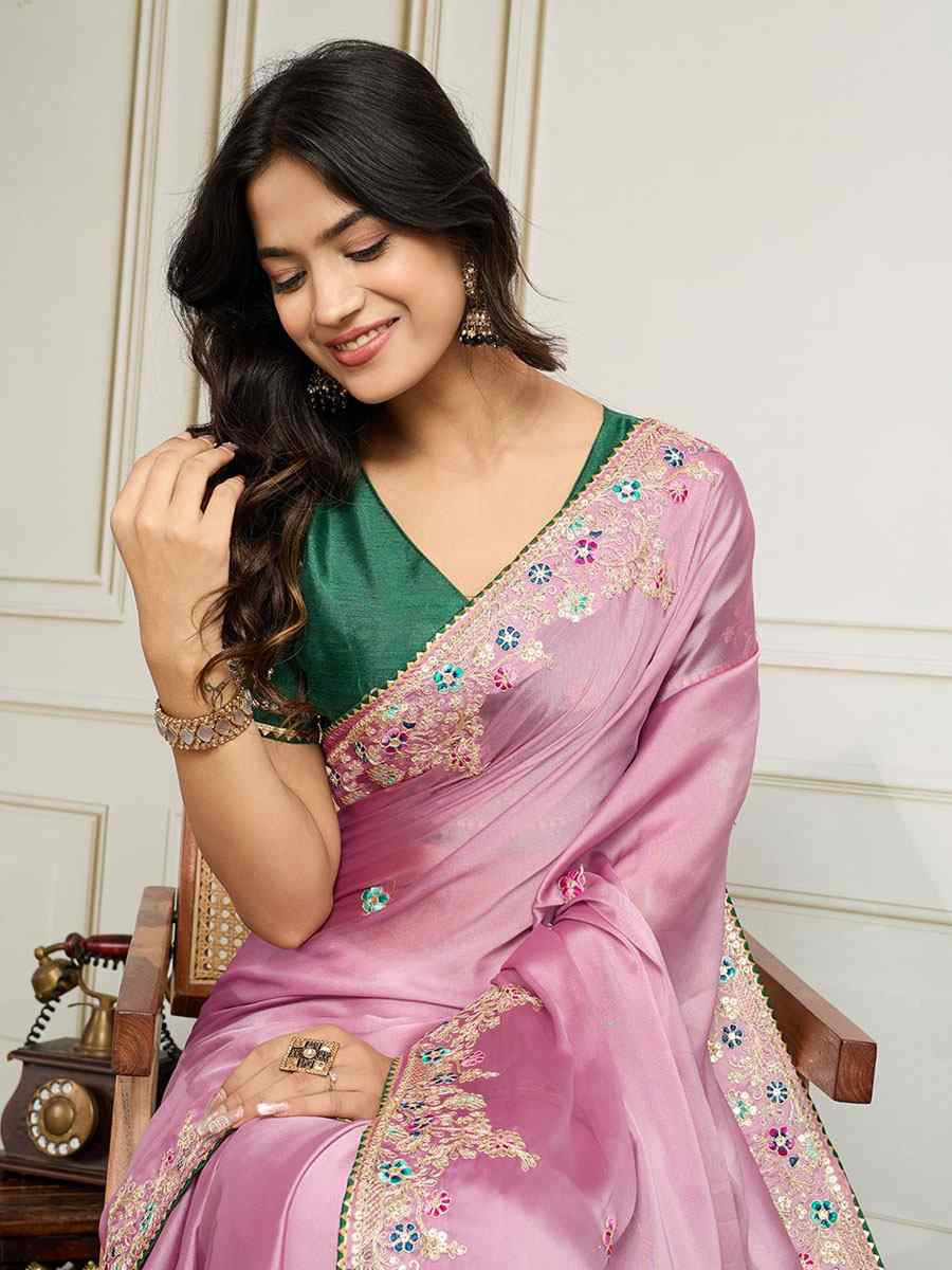 Pink Rangoli Silk Embroidery Traditional Bridal Reception Festival Wedding Fancy Heavy Border Saree