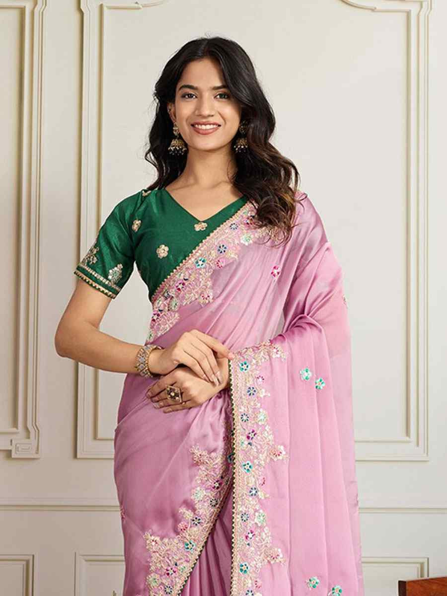 Pink Rangoli Silk Embroidery Traditional Bridal Reception Festival Wedding Fancy Heavy Border Saree