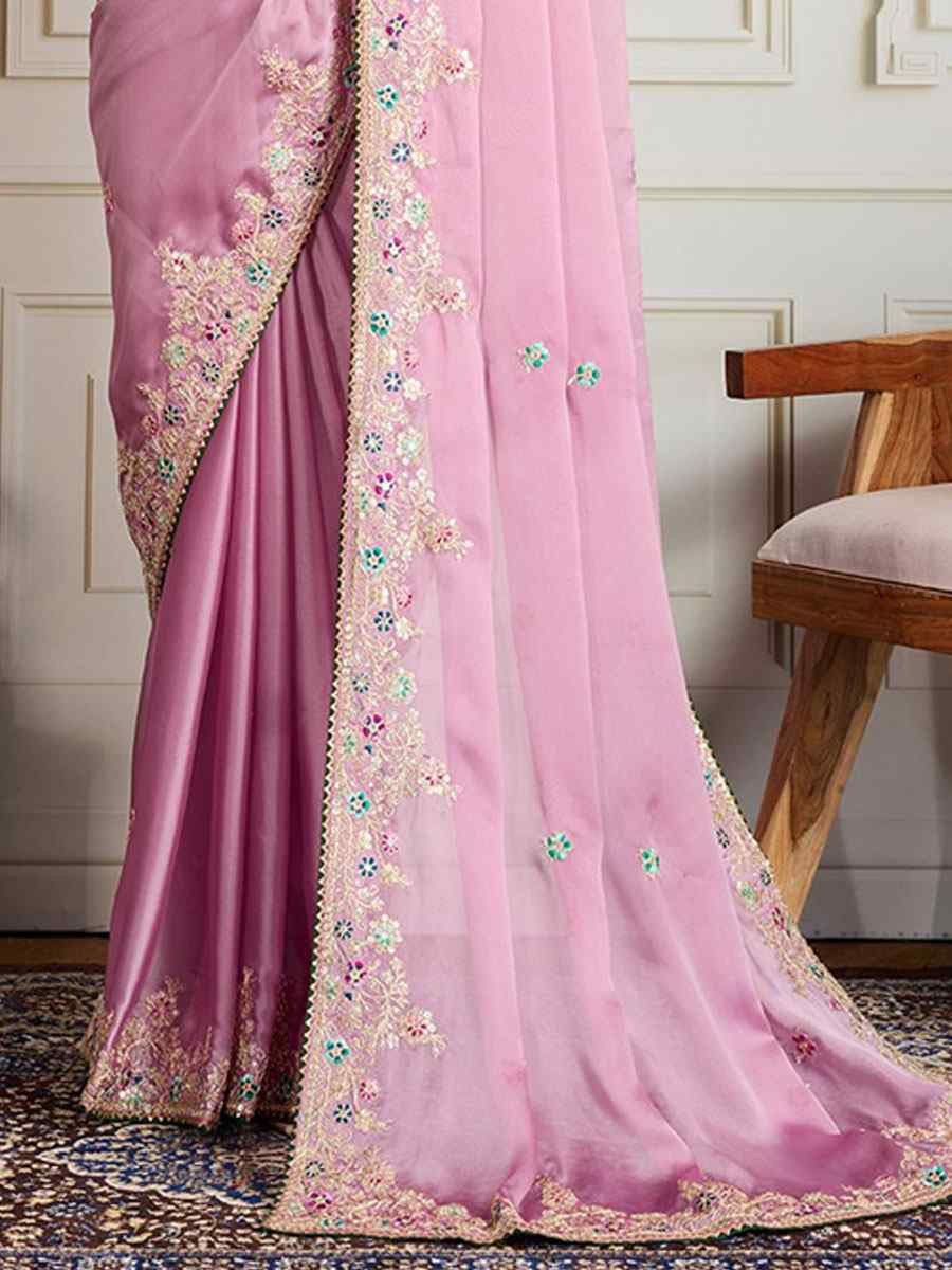 Pink Rangoli Silk Embroidery Traditional Bridal Reception Festival Wedding Fancy Heavy Border Saree