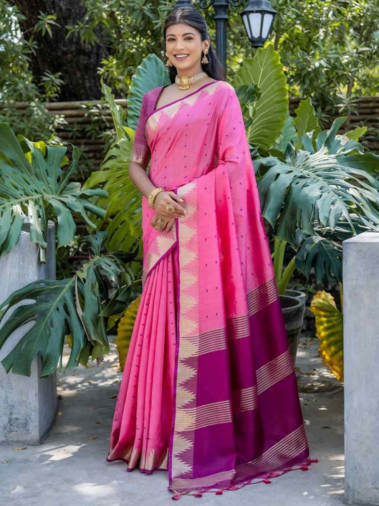 Pink Raw Silk Handwoven Casual Festival Classic Style Saree