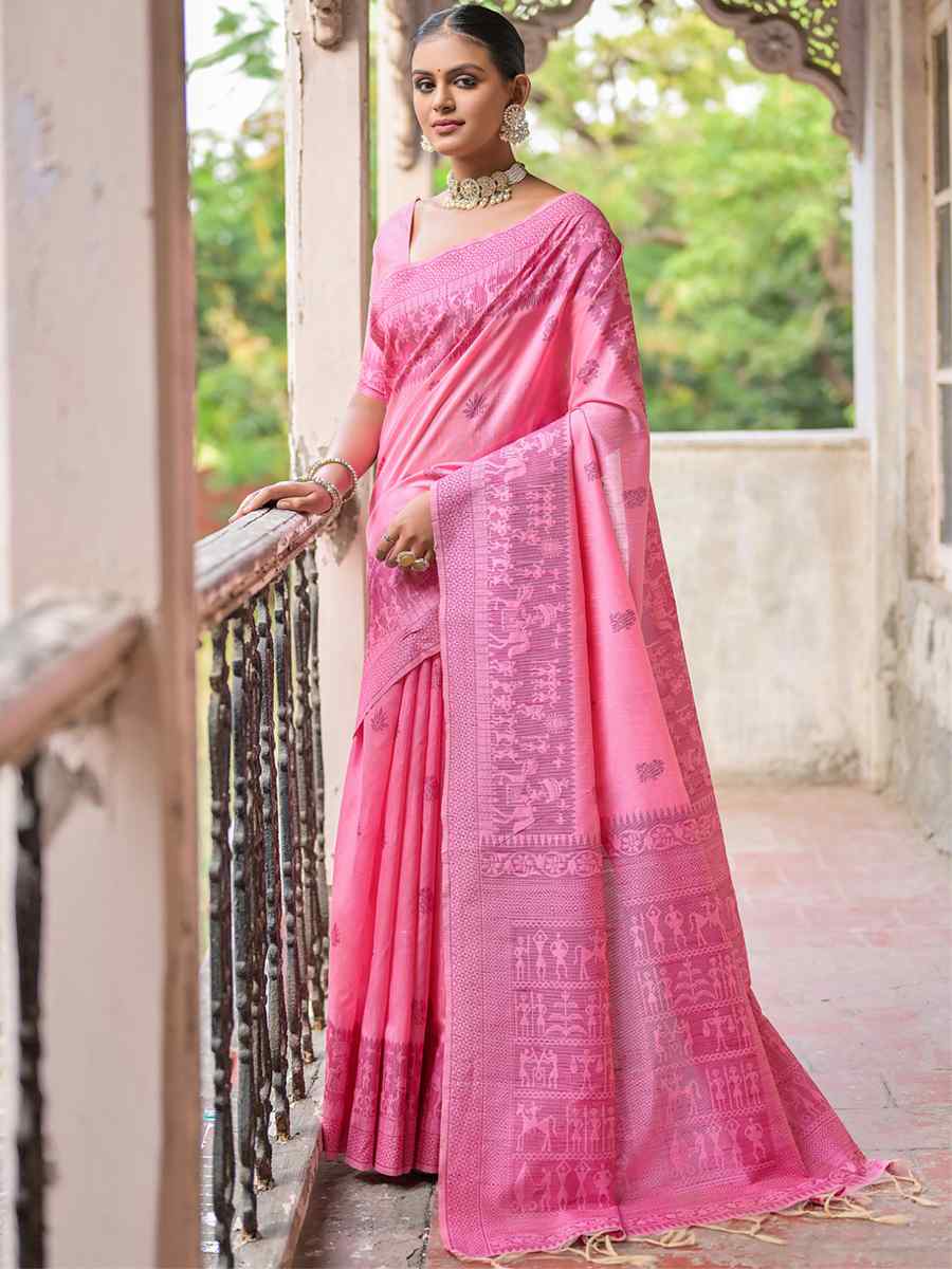 Pink Raw Silk Handwoven Casual Festival Heavy Border Saree