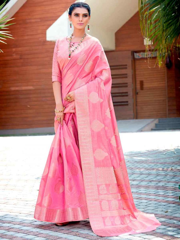 Pink Raw Silk Handwoven Party Festival Heavy Border Saree