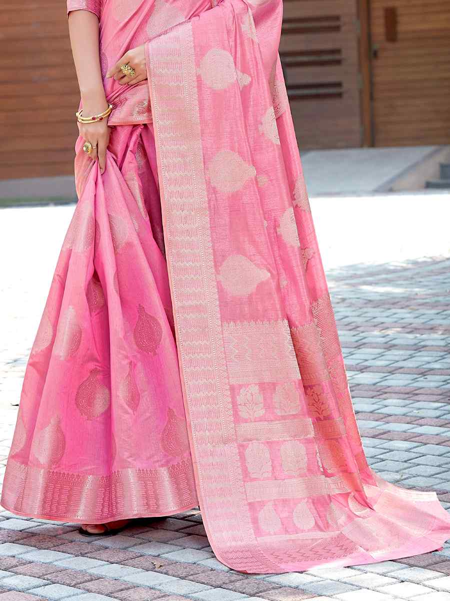 Pink Raw Silk Handwoven Party Festival Heavy Border Saree