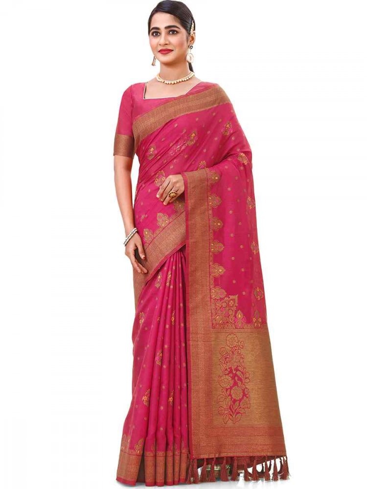 Pink Raw Silk Handwoven Wedding Festival Heavy Border Saree