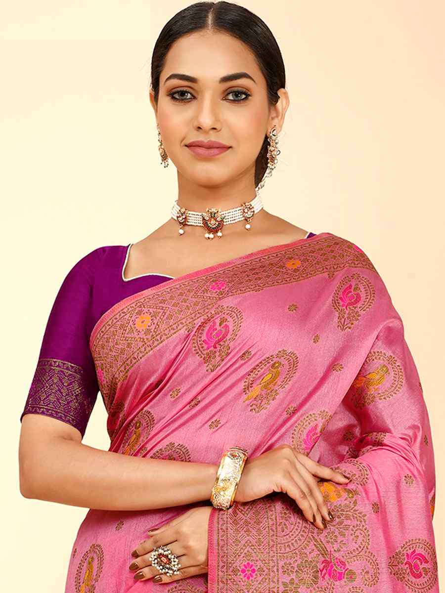 Pink Raw Silk Handwoven Wedding Festival Heavy Border Saree