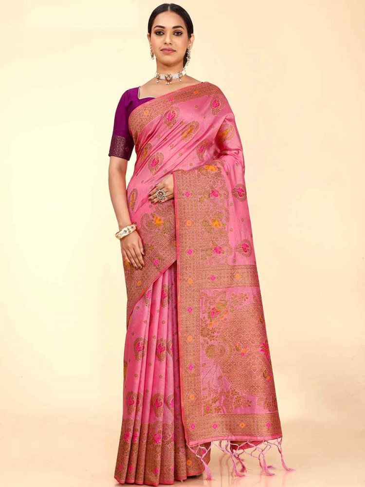 Pink Raw Silk Handwoven Wedding Festival Heavy Border Saree