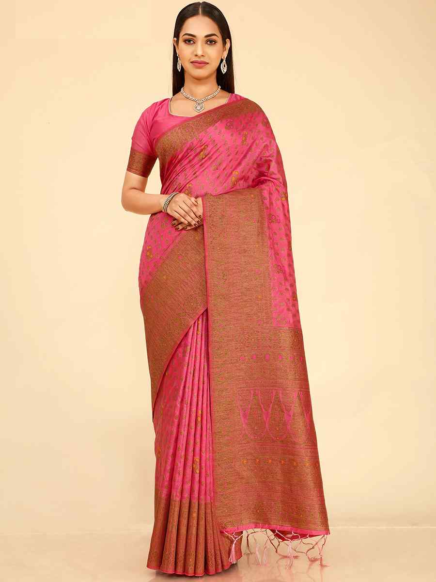 Pink Raw Silk Handwoven Wedding Festival Heavy Border Saree