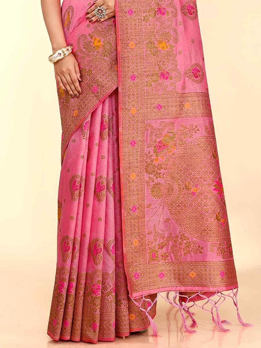 Pink Raw Silk Handwoven Wedding Festival Heavy Border Saree