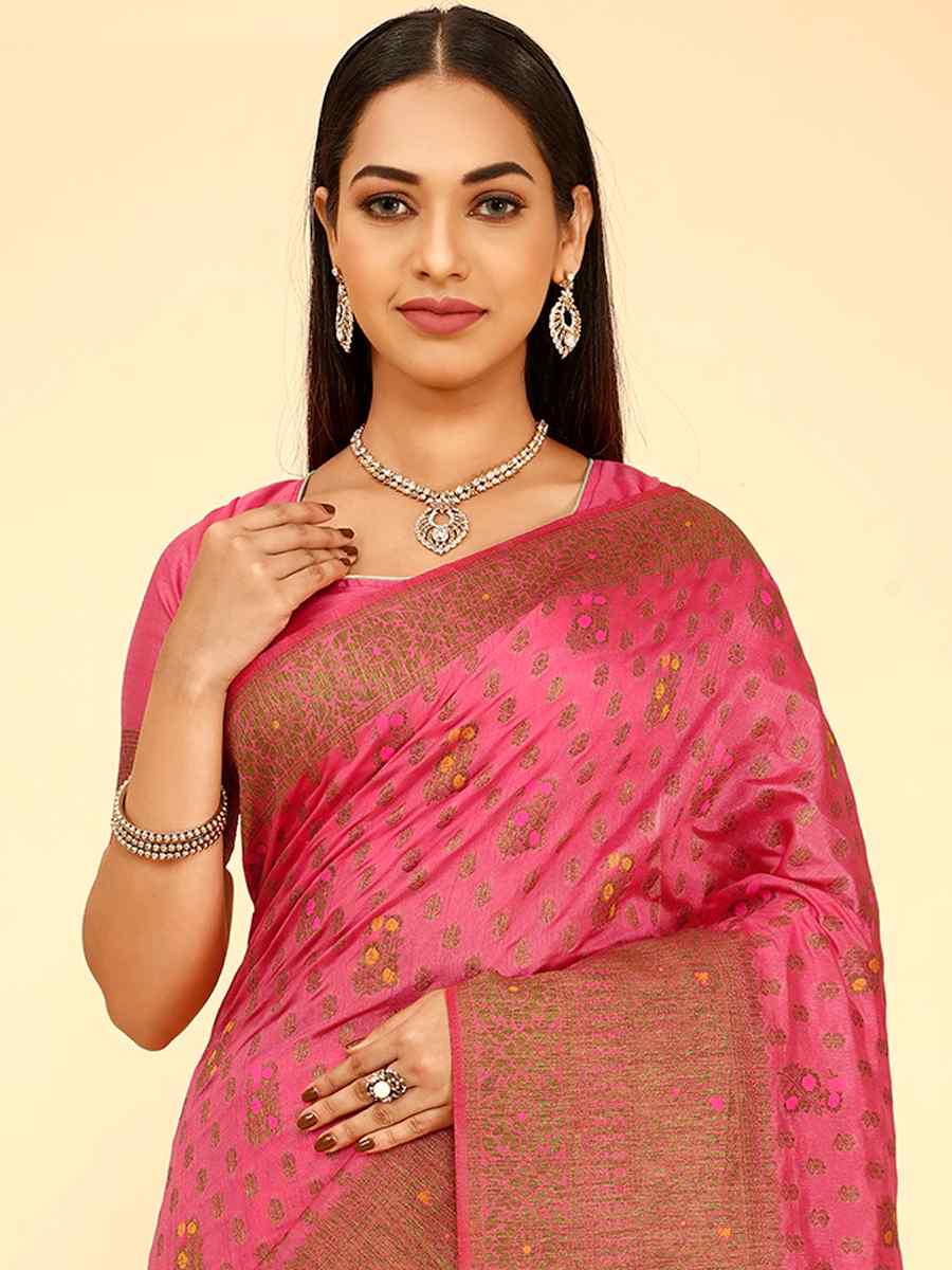 Pink Raw Silk Handwoven Wedding Festival Heavy Border Saree