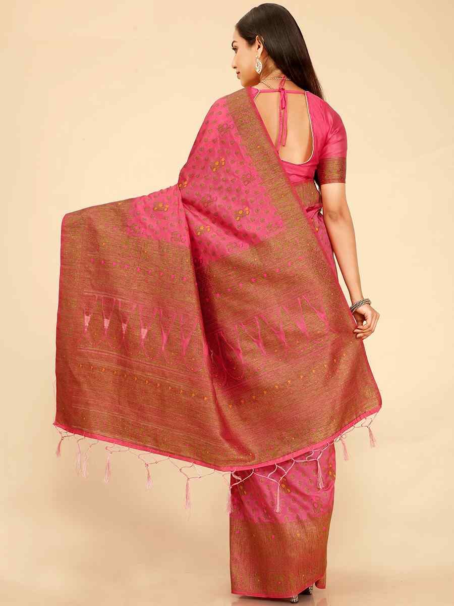 Pink Raw Silk Handwoven Wedding Festival Heavy Border Saree