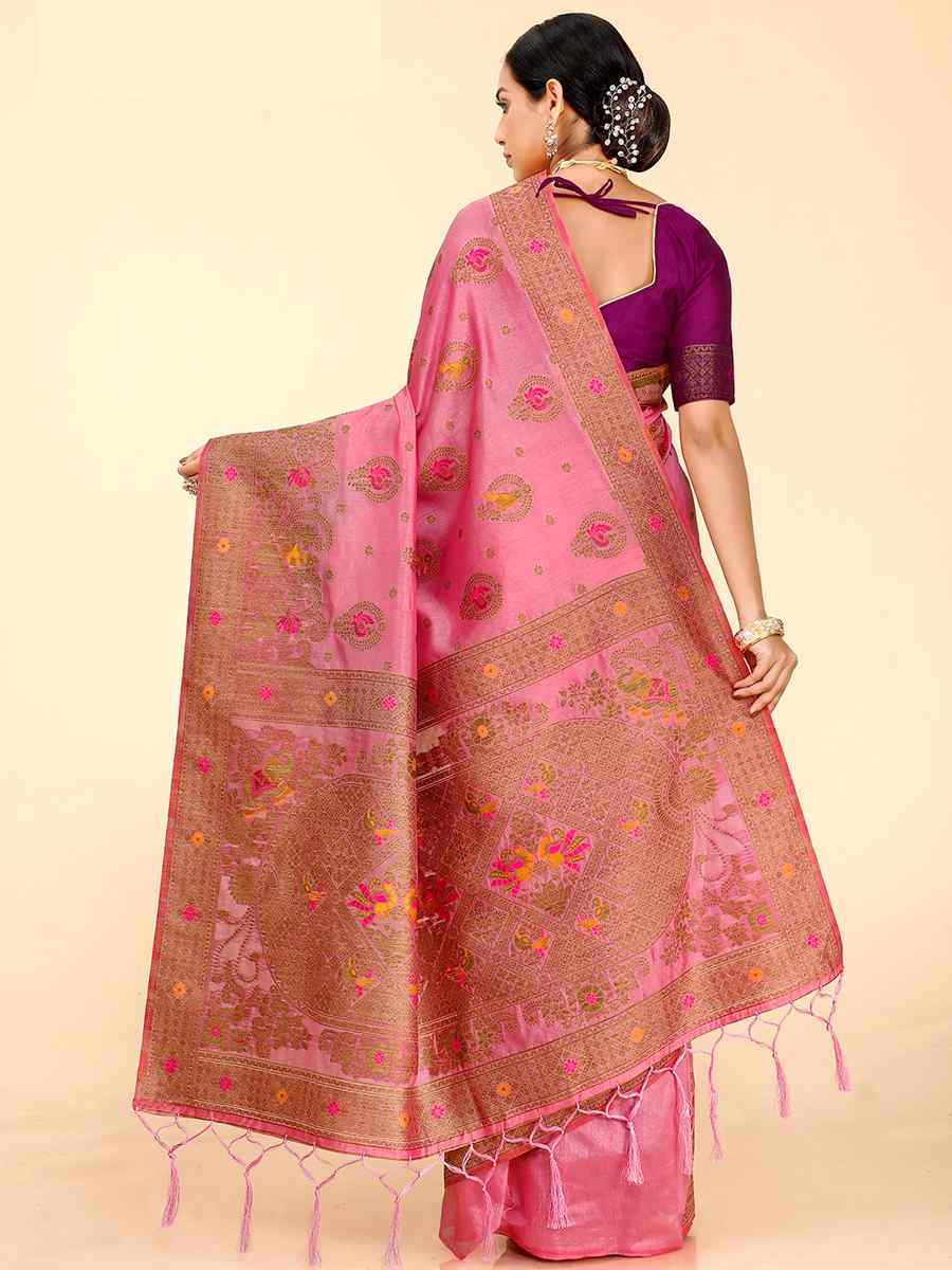 Pink Raw Silk Handwoven Wedding Festival Heavy Border Saree