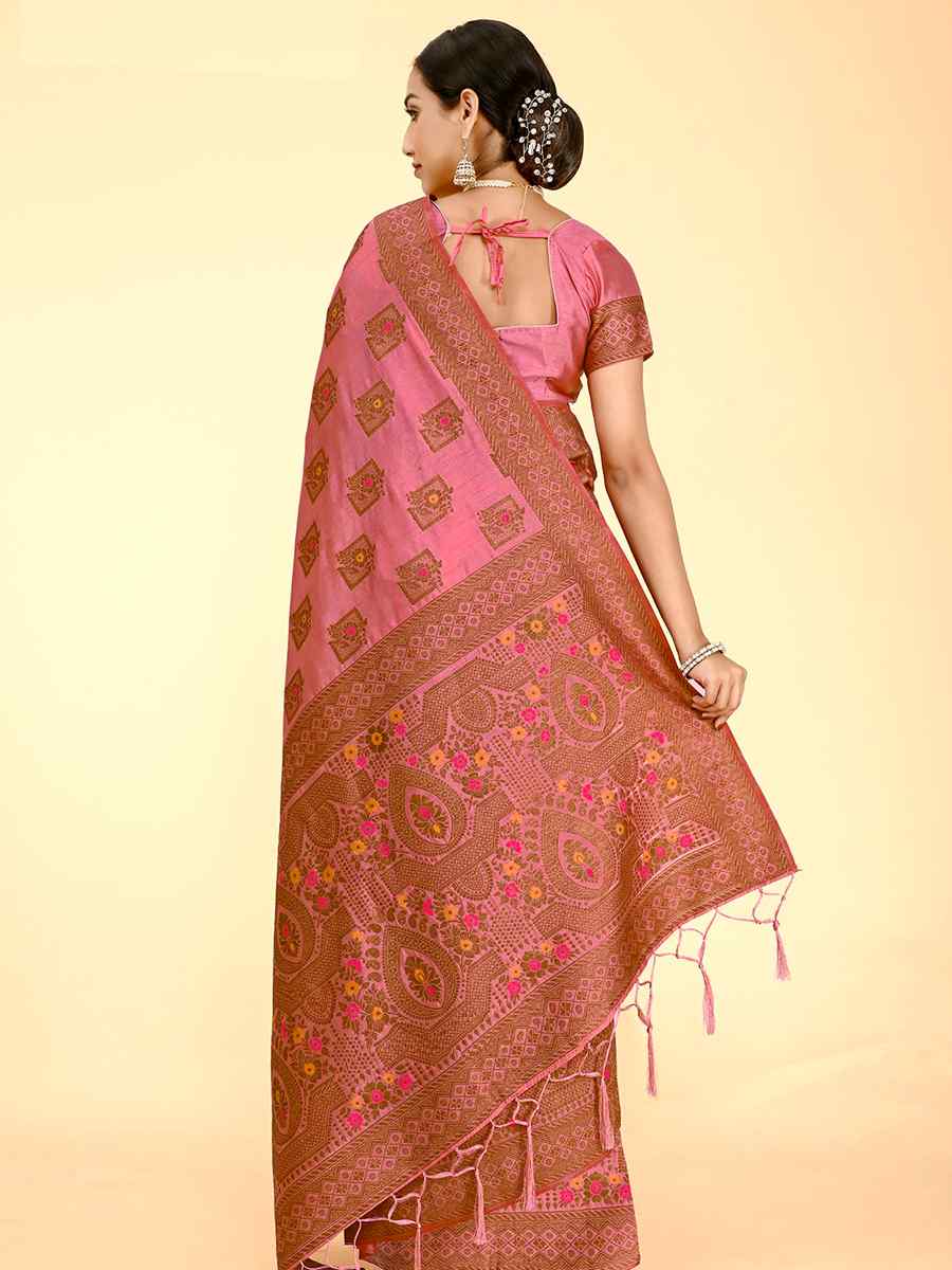 Pink Raw Silk Handwoven Wedding Festival Heavy Border Saree