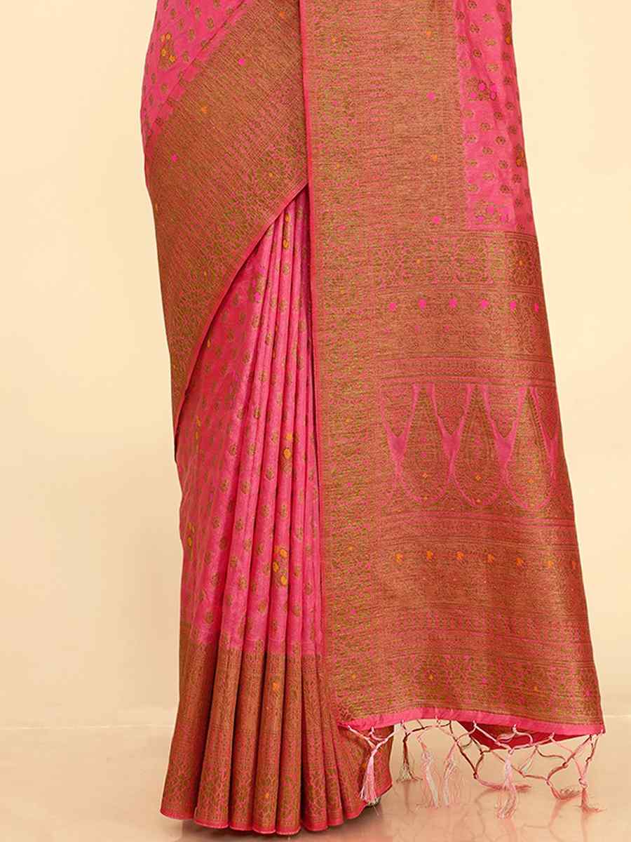 Pink Raw Silk Handwoven Wedding Festival Heavy Border Saree
