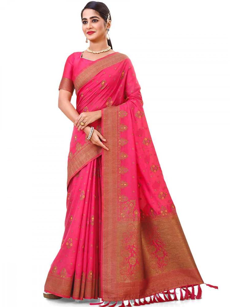 Pink Raw Silk Handwoven Wedding Festival Heavy Border Saree