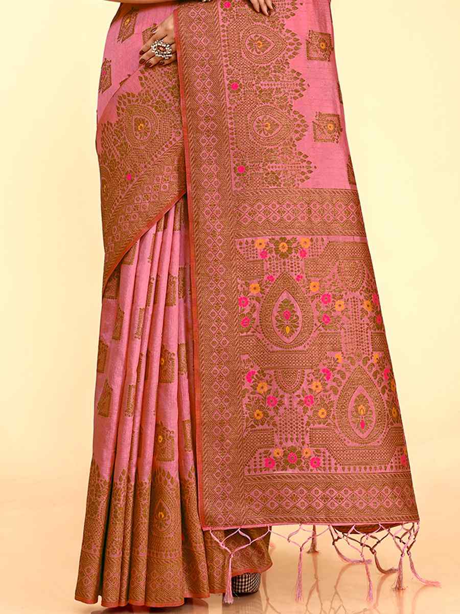 Pink Raw Silk Handwoven Wedding Festival Heavy Border Saree