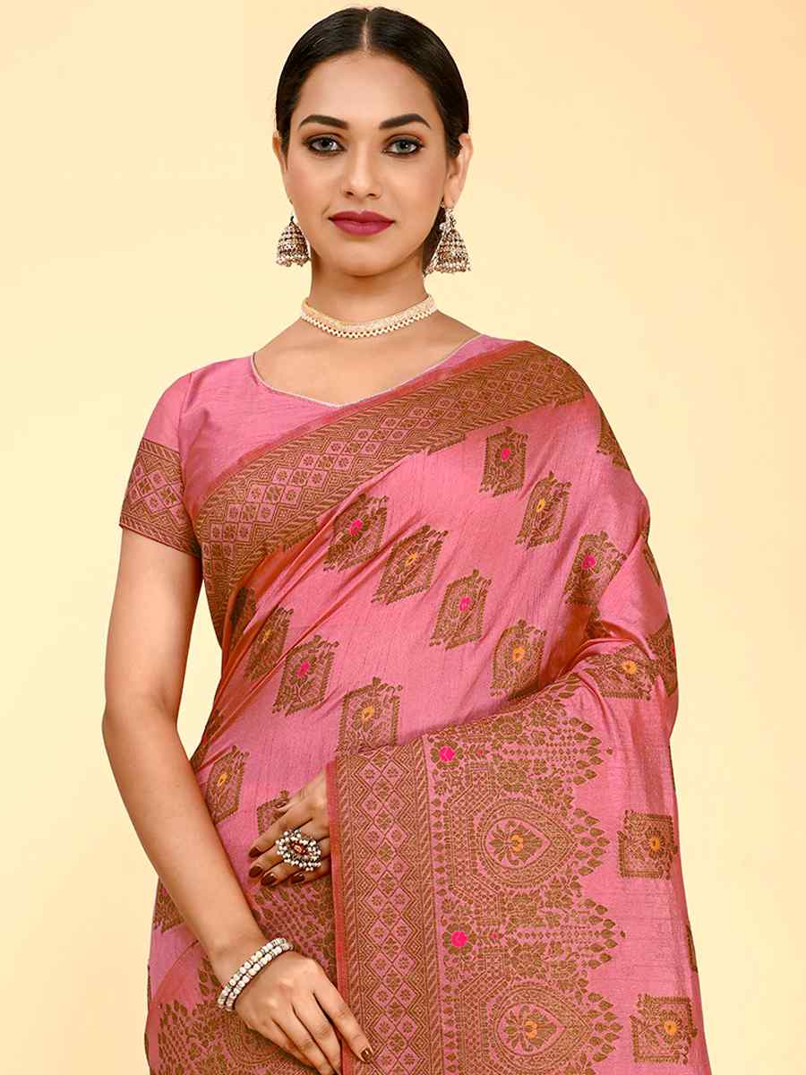Pink Raw Silk Handwoven Wedding Festival Heavy Border Saree