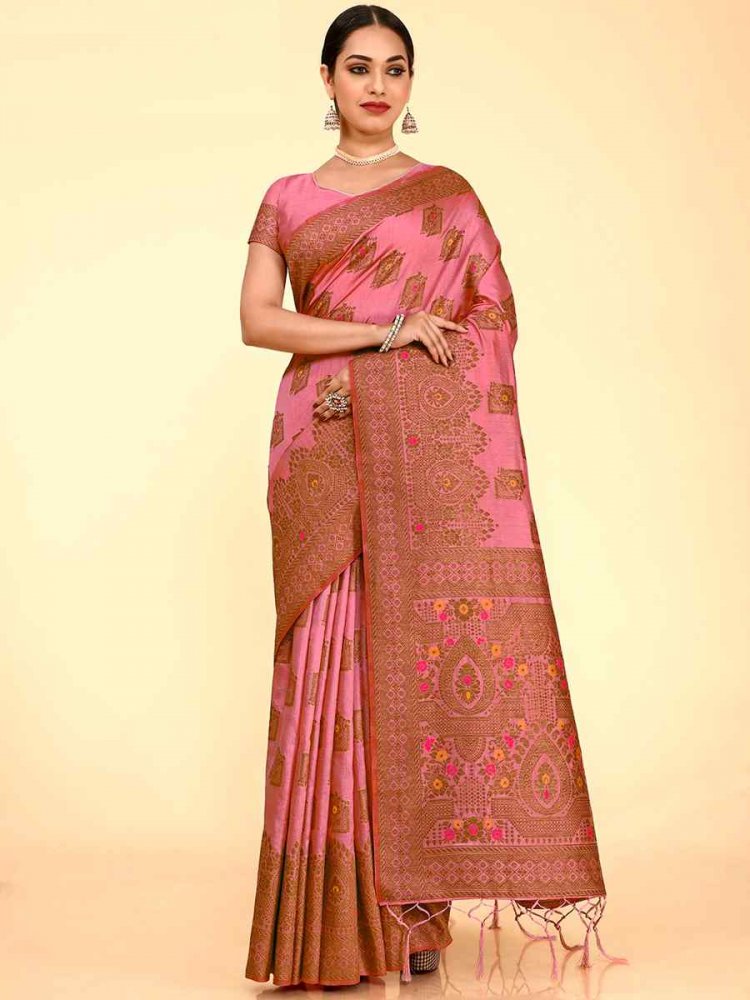 Pink Raw Silk Handwoven Wedding Festival Heavy Border Saree