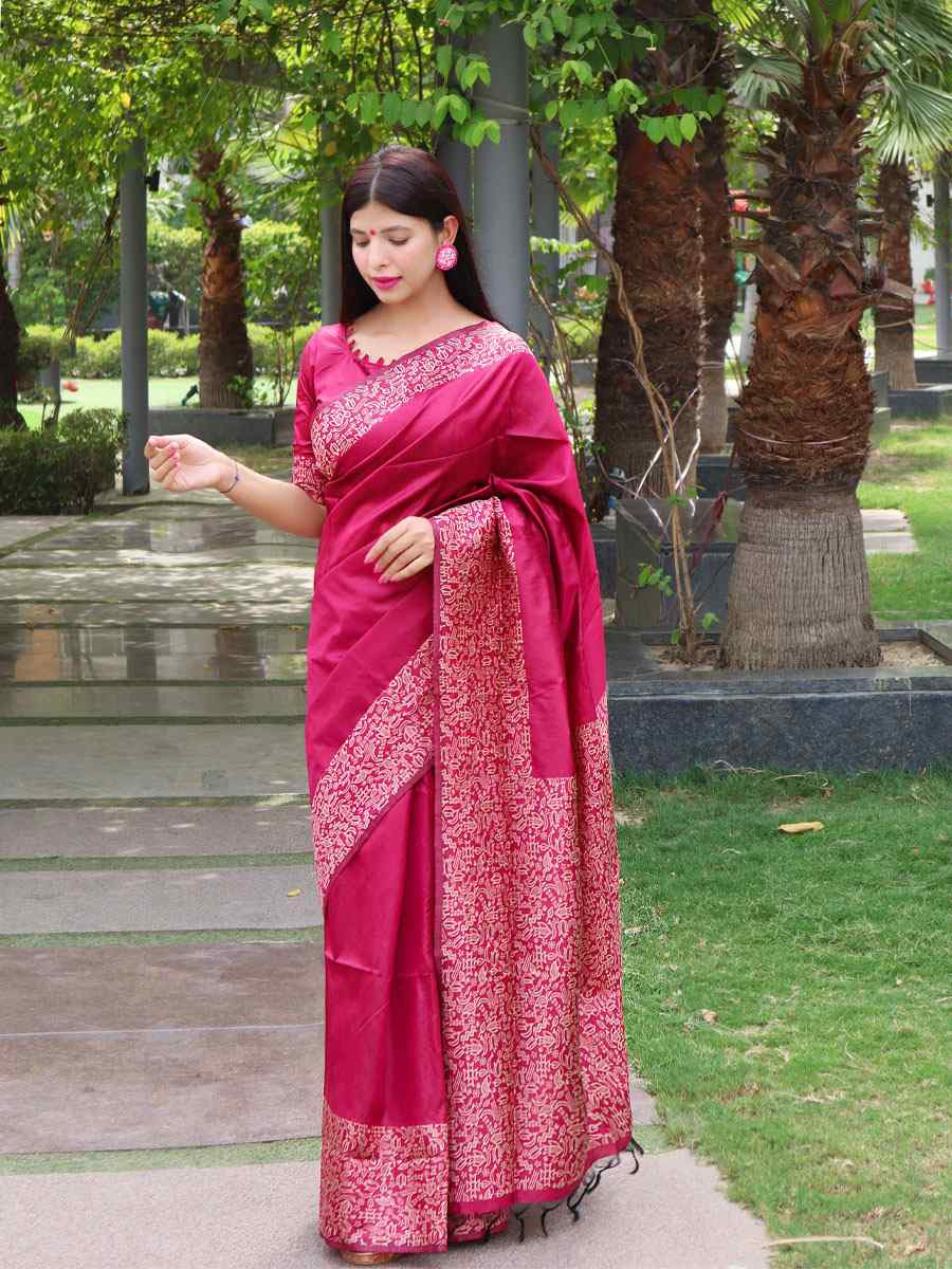 Pink Raw Silk Printed Festival Wedding Fancy Heavy Border Saree