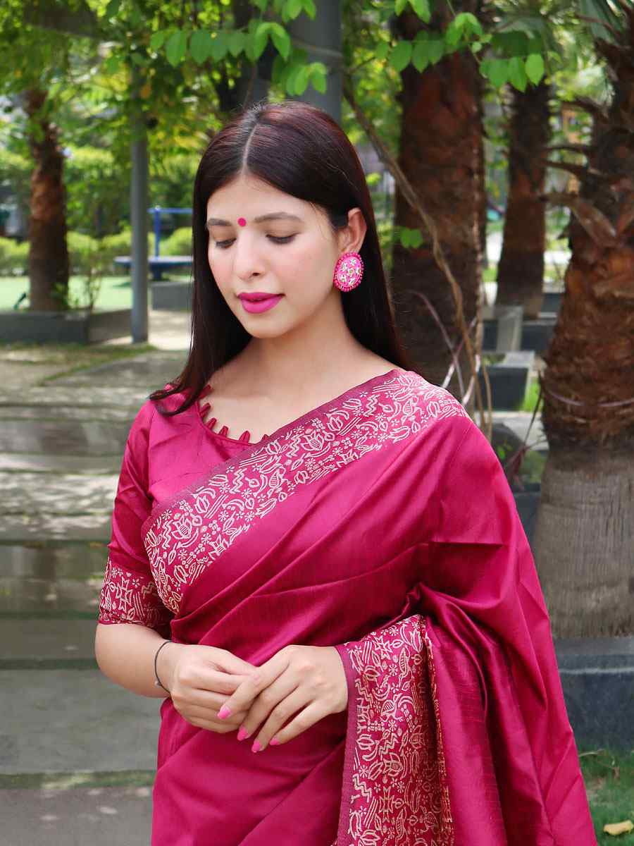 Pink Raw Silk Printed Festival Wedding Fancy Heavy Border Saree