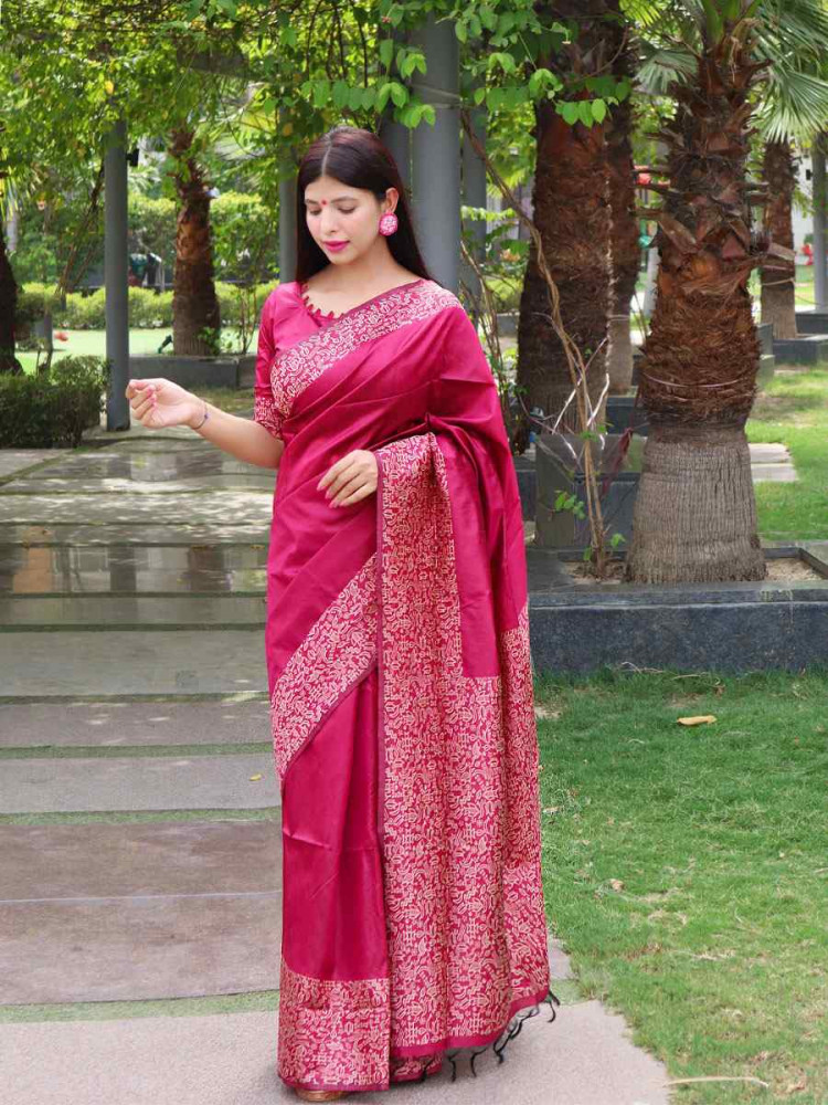 Image of Pink Raw Silk Printed Festival Wedding Fancy Heavy Border Saree