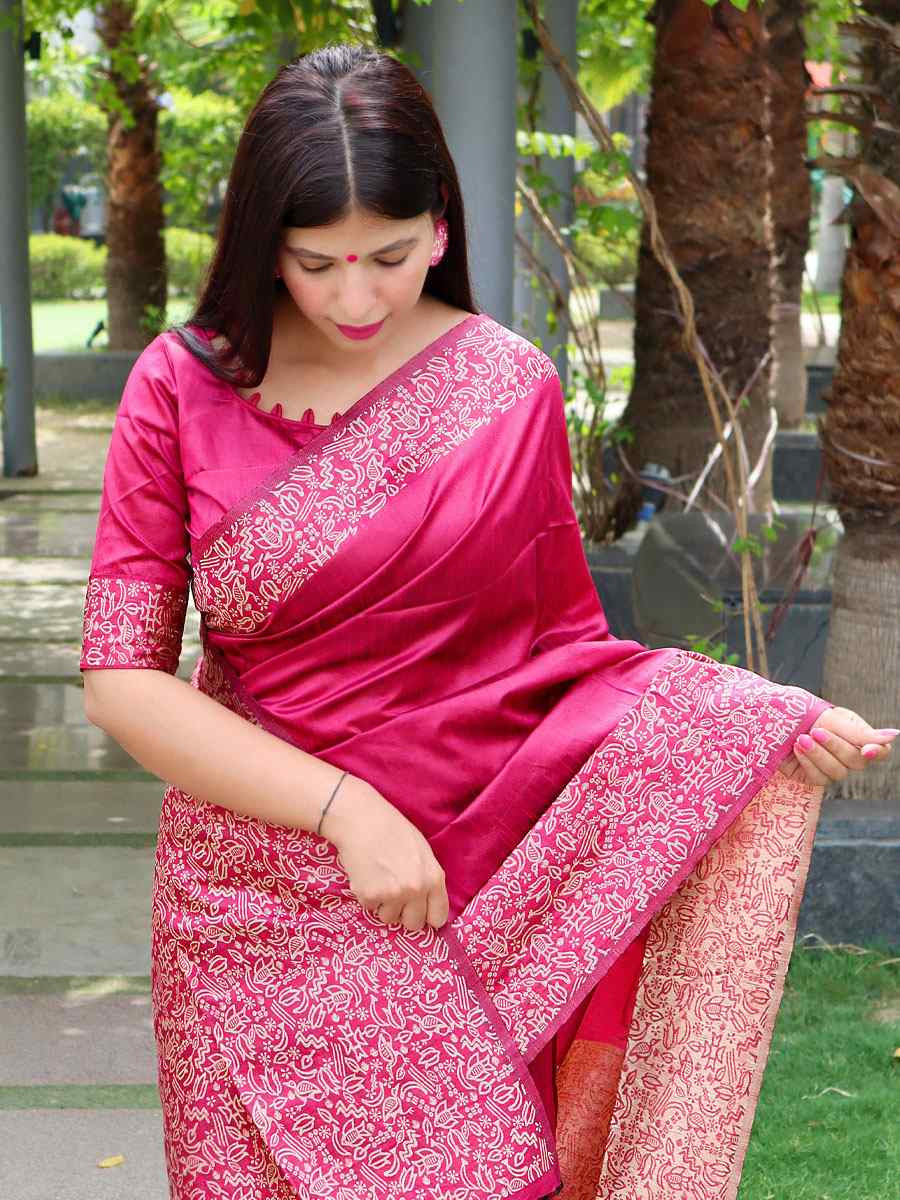 Pink Raw Silk Printed Festival Wedding Fancy Heavy Border Saree