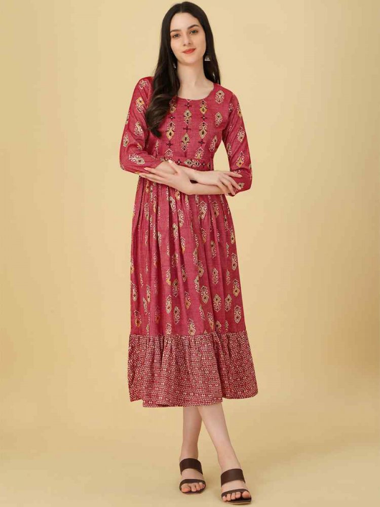 Pink Rayon Capsul Embroidered Festival Casual Kurti