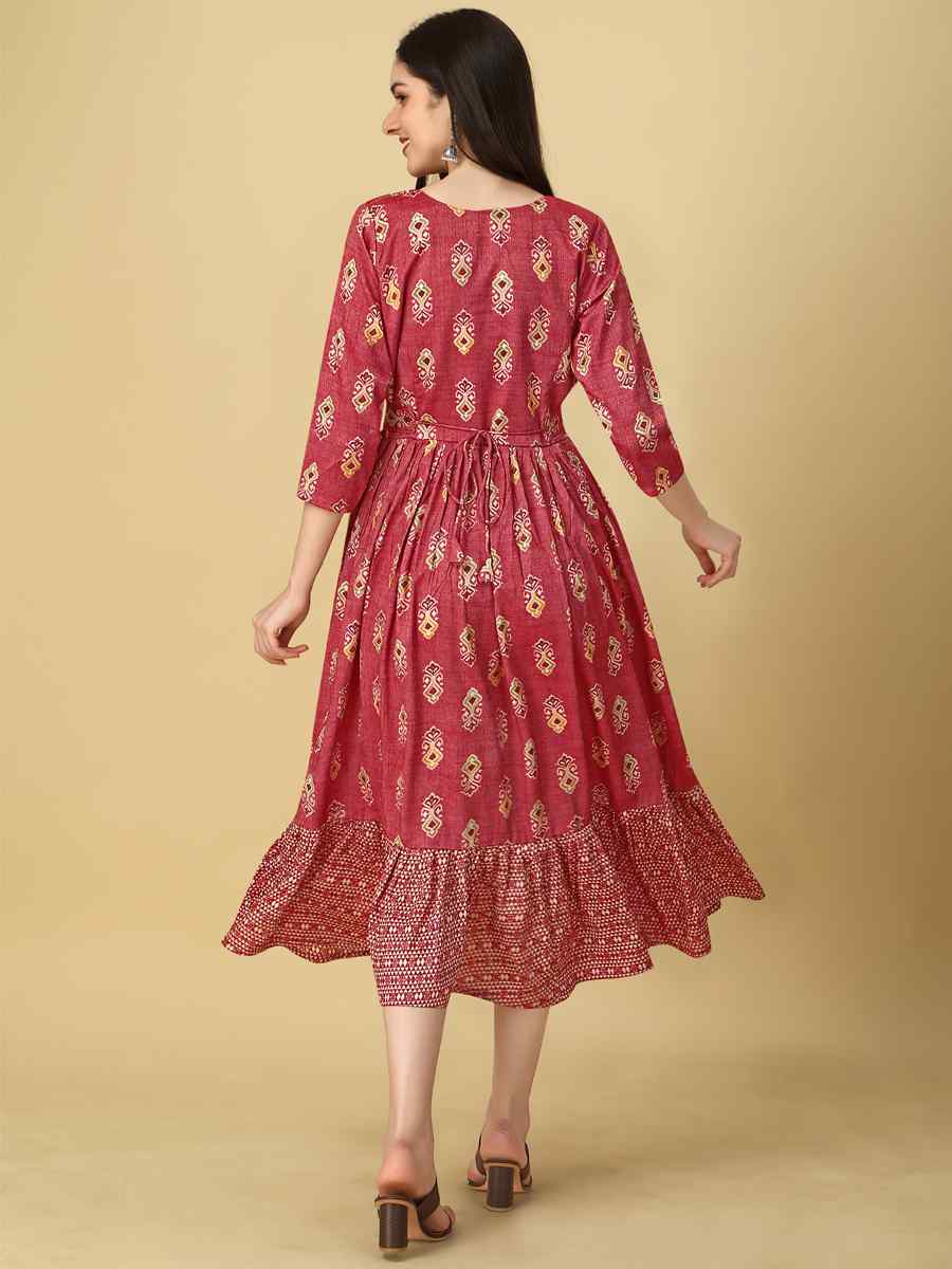 Pink Rayon Capsul Embroidered Festival Casual Kurti