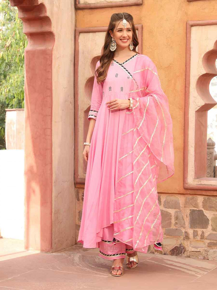 Pink Rayon Embroidered Festival Mehendi Ready Anarkali Salwar Kameez