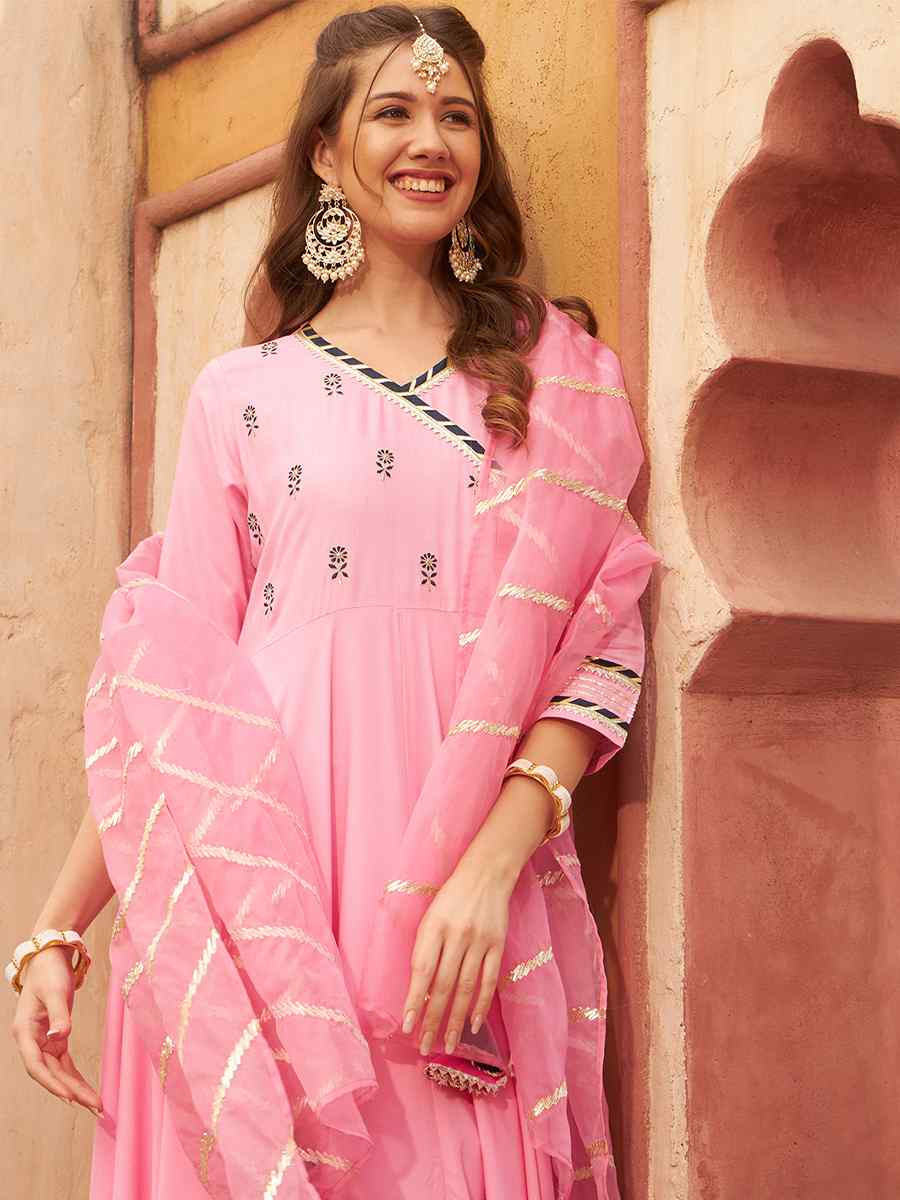 Pink Rayon Embroidered Festival Mehendi Ready Anarkali Salwar Kameez