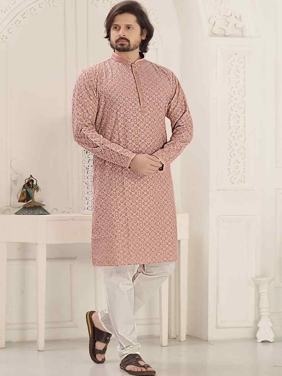 Pink Rayon Embroidered Party Wedding Kurta