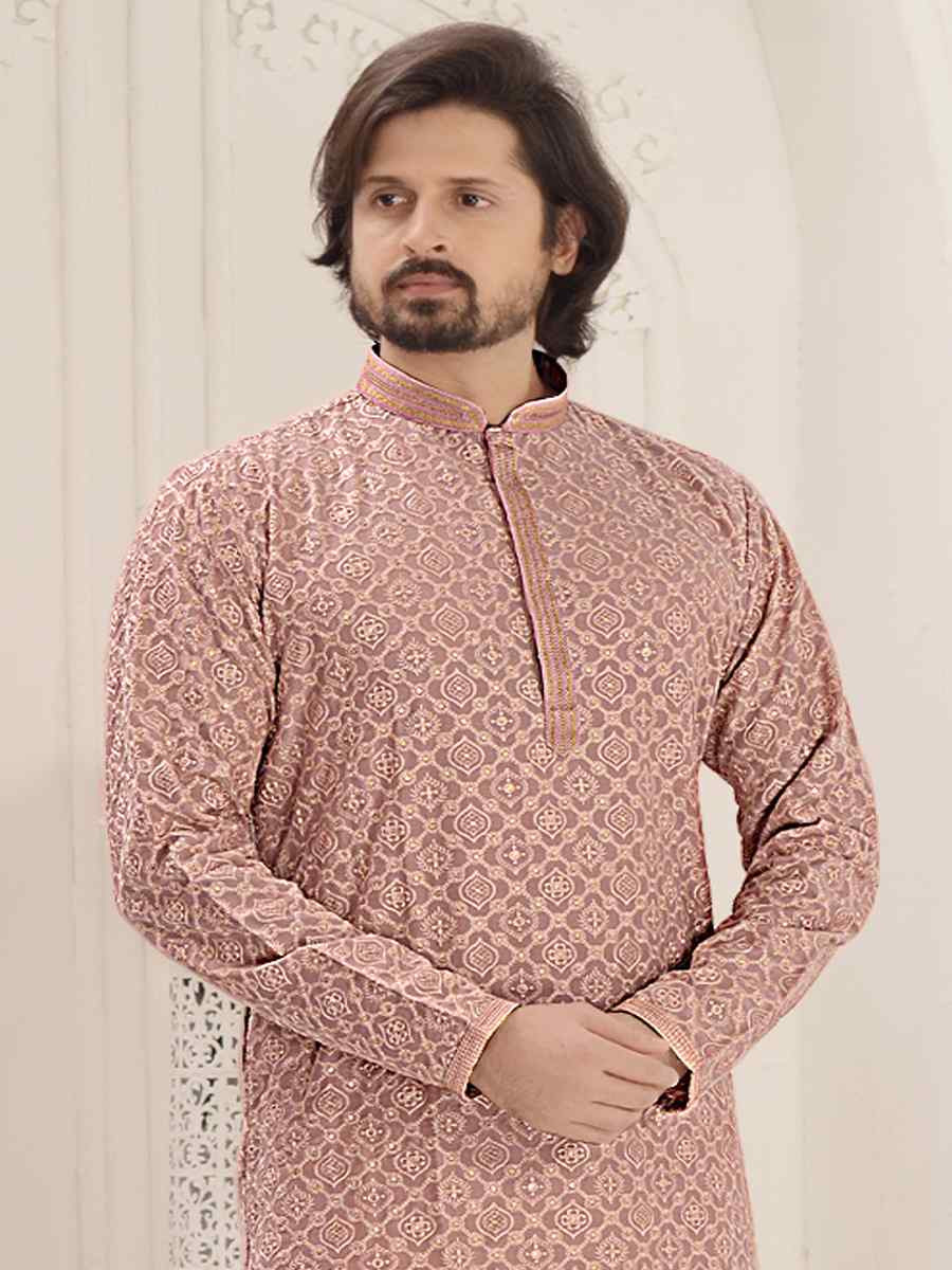 Pink Rayon Embroidered Party Wedding Kurta