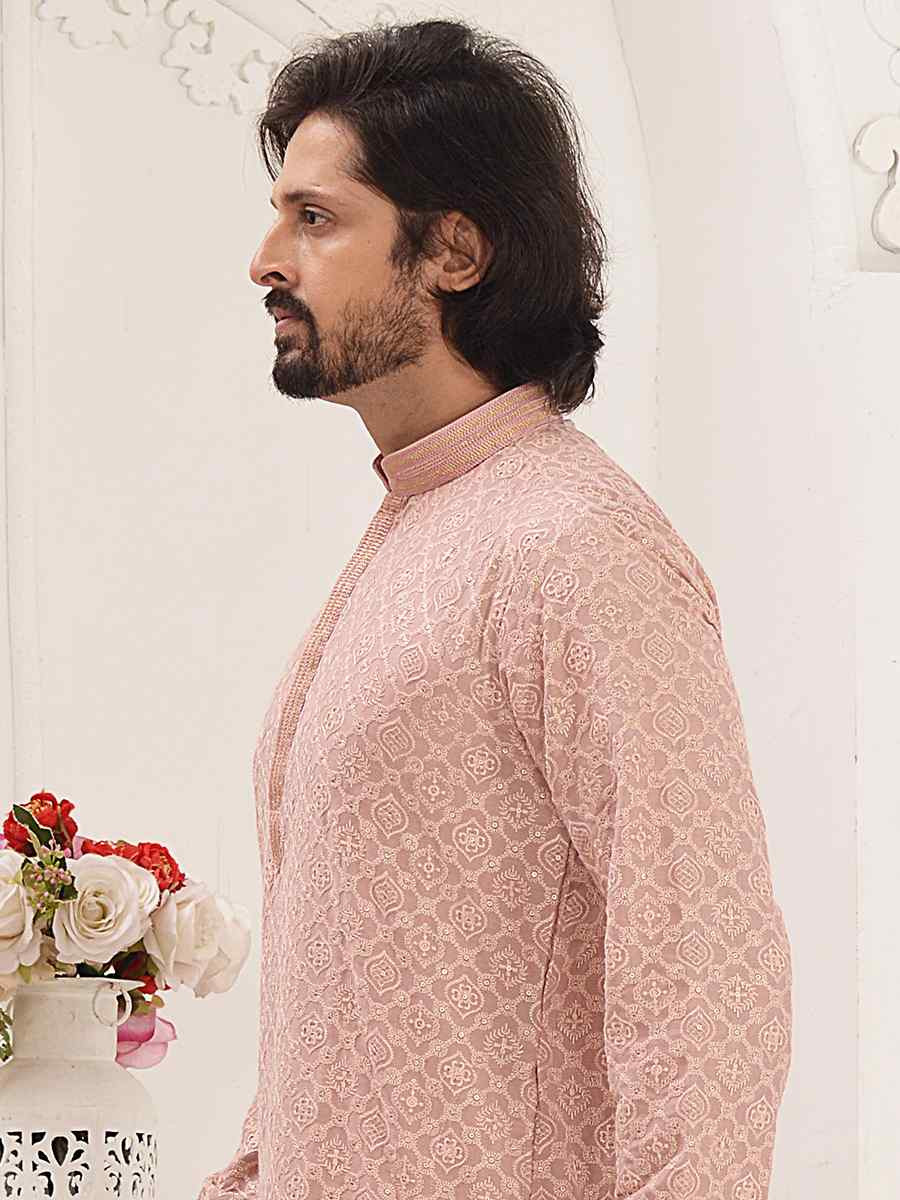Pink Rayon Embroidered Party Wedding Kurta
