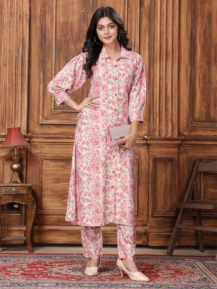 Pink Rayon Printed Festival Casual Kurti