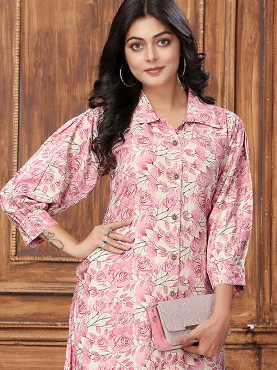 Pink Rayon Printed Festival Casual Kurti