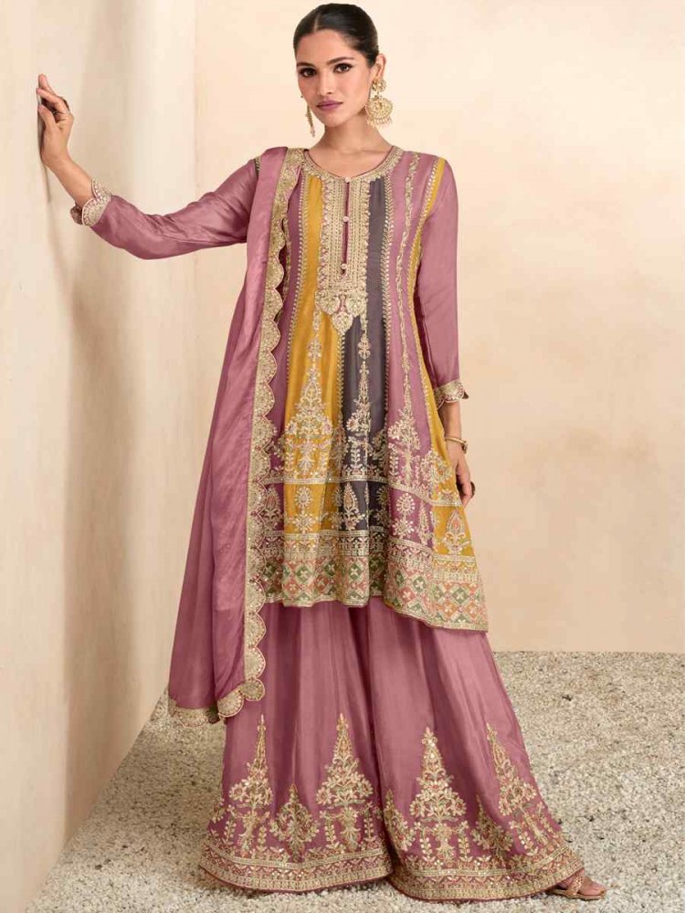 Pink Real Chinon Embroidered Festival Party Palazzo Pant Salwar Kameez