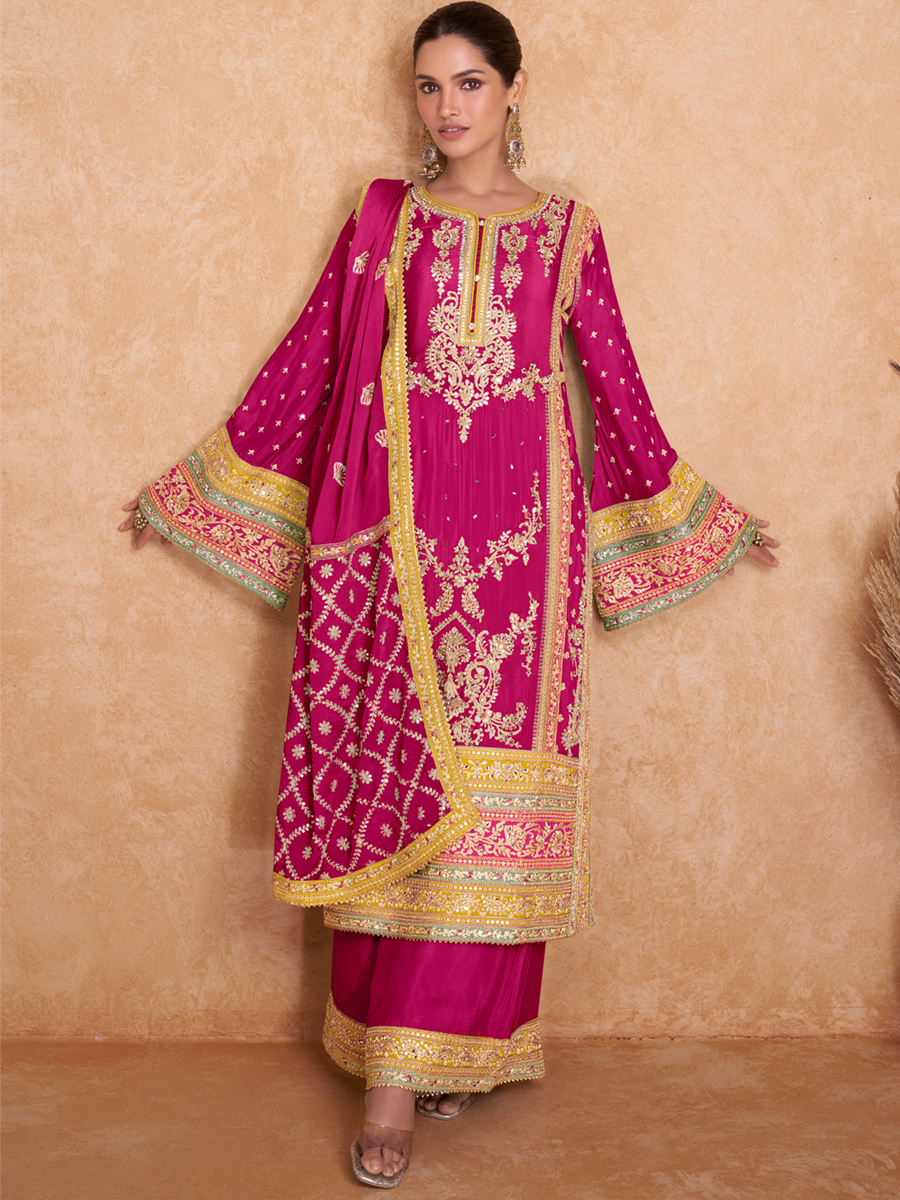 Pink Real Chinon Embroidered Festival Wedding Palazzo Pant Salwar Kameez