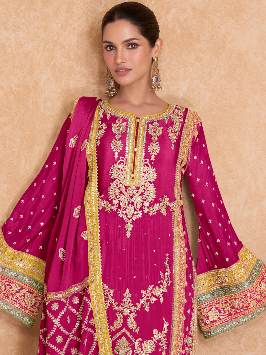 Pink Real Chinon Embroidered Festival Wedding Palazzo Pant Salwar Kameez